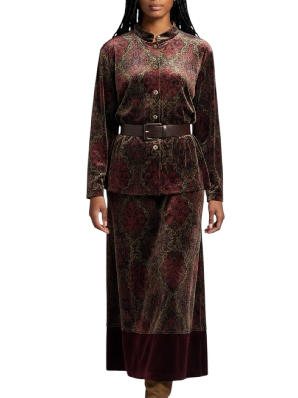 CLIO Vintage Burgundy Tan Paisley Velvet 2 Piece Maxi Skirt & Top Set Size 2